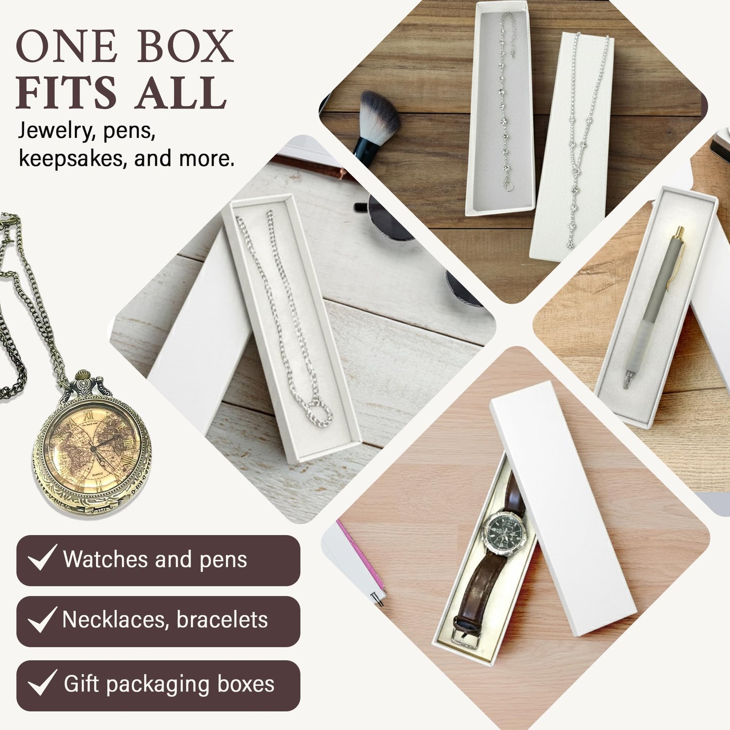 RJ Displays 20 Pack Cotton Filled white Jewelry Gift Boxes 8" x 2" x 1" Inches #82 Cardboard Jewelrys Box, Jewelry gift Box for Small Business & Wearable for giftbox, Watches, Jewelrys Boxes with Lids