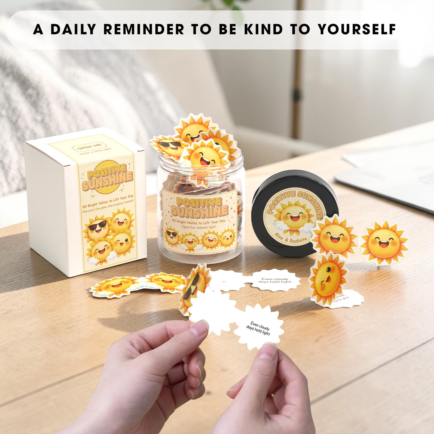 Positive Sunshine Jar – 60 Affirmation Cards for Emotional Support, Yellow Sunshine Gift for Women, Motivational & Uplifting Positivity for Coworkers, Friends, Boyfriend, Girlfriend & Teen Girls
