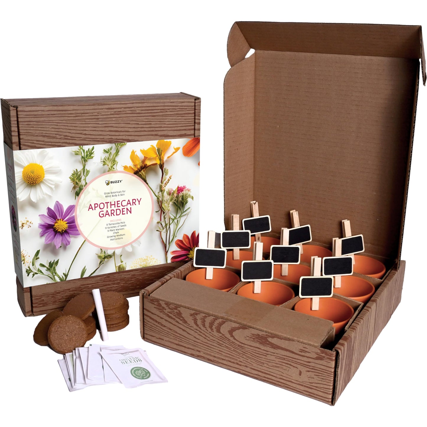 BUZZY Seeds Apothecary Garden Wellness Kit with 9 Varieties of Non-GMO Flower and Herb Seeds, Terracotta Pots, Growing Medium, and Plant Markers, a Self-Care Gift for Holistic Living