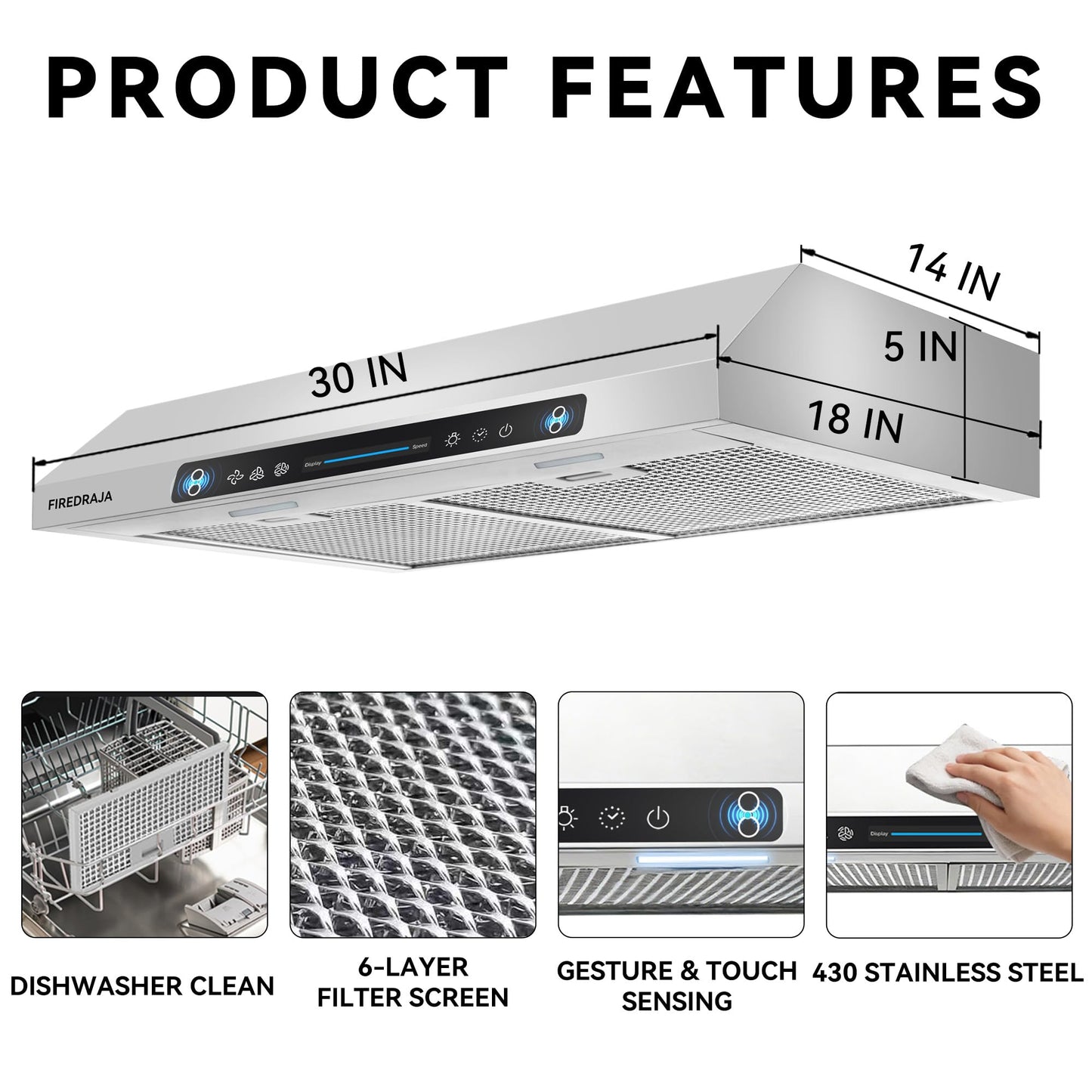 30 Inch Under Cabinet Range Hood |550 CFM Kitchen Vent Hood with Touch & Gesture Control | 3-Speed Quiet Operation | Stainless Steel with LED Lights, Ducted/Ductless convertible