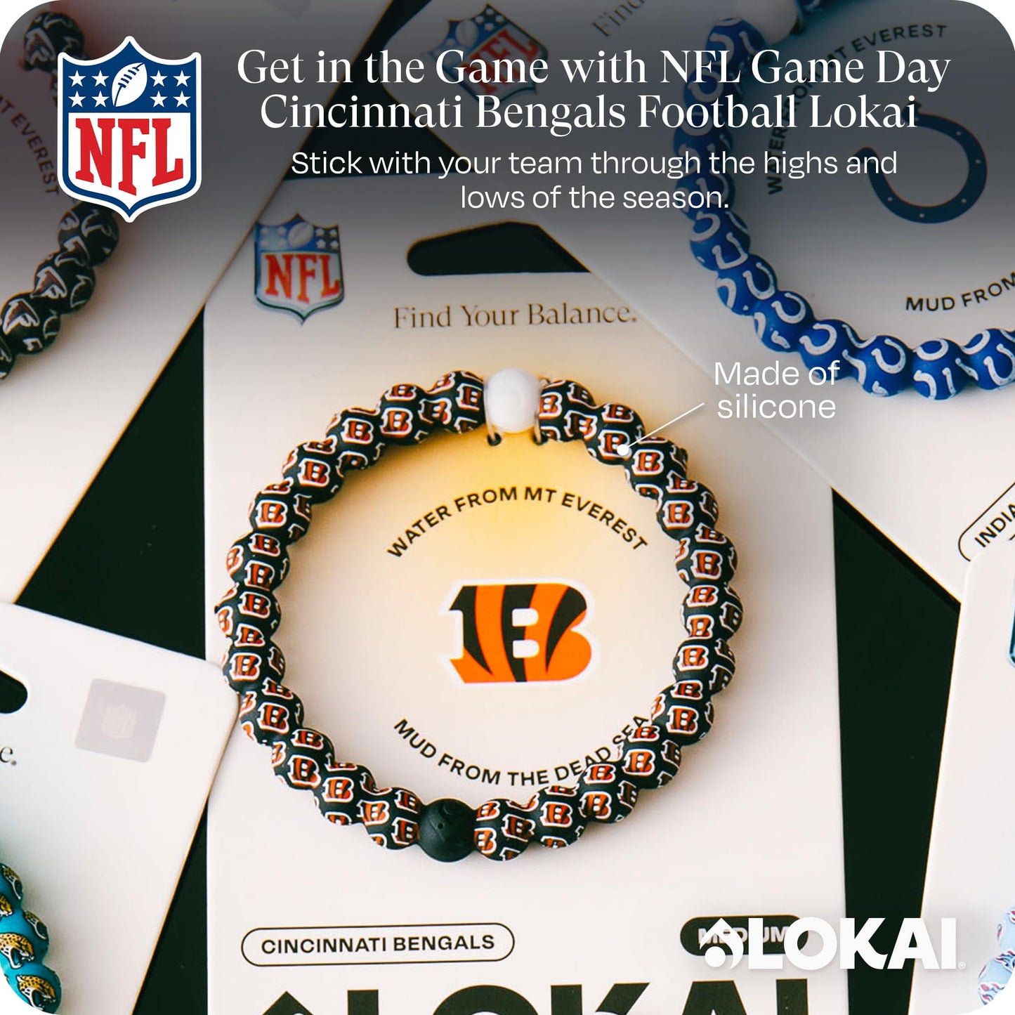 Lokai Silicone Beaded Bracelet for Men & Women, NFL Football Collection - Cincinnati Bengals, Medium - Silicone Jewelry Fashion Bracelet Slides-On for Comfortable Fit
