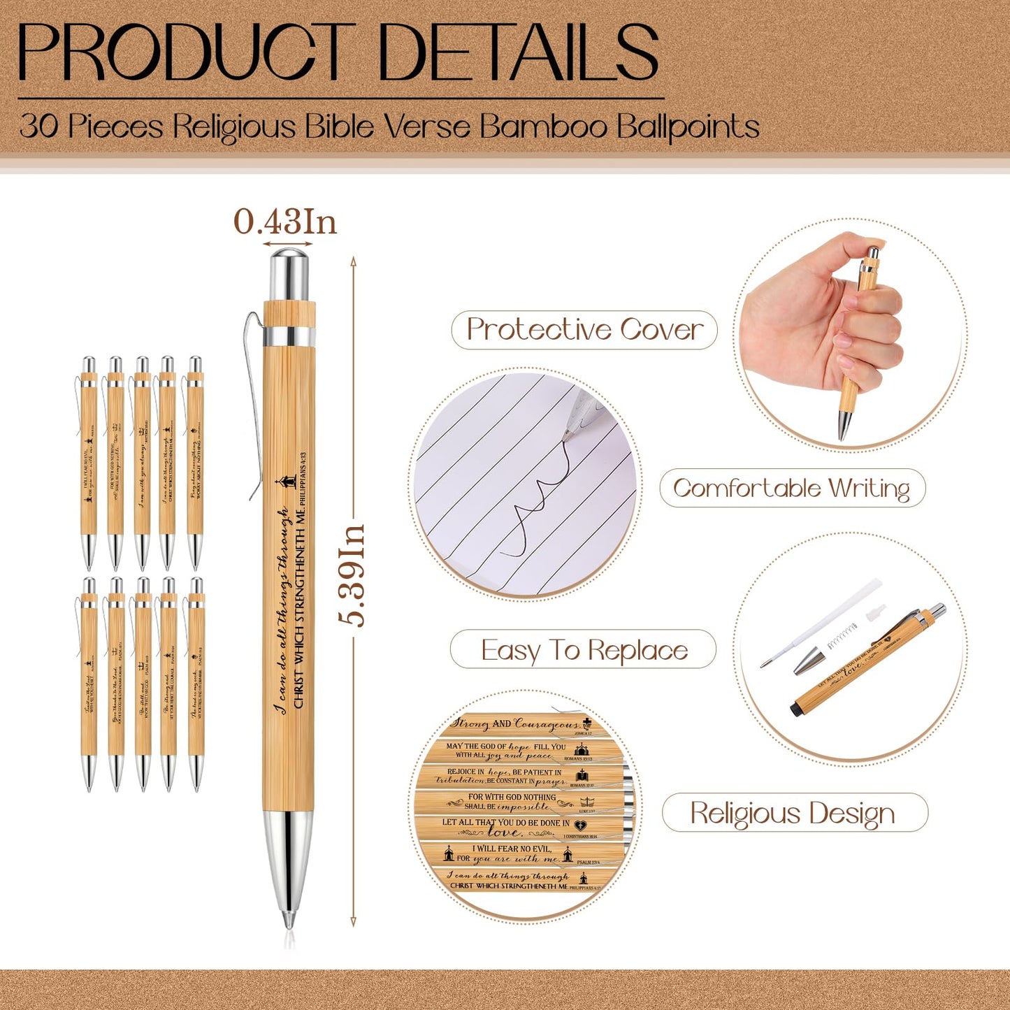 Kisston 30 Set Christian Gift Bulk - Bible Verse Inspirational Notepads, Bamboo Ballpoint Pens & Wooden Keychains for VBS Religious Party Favors Church Sunday Present