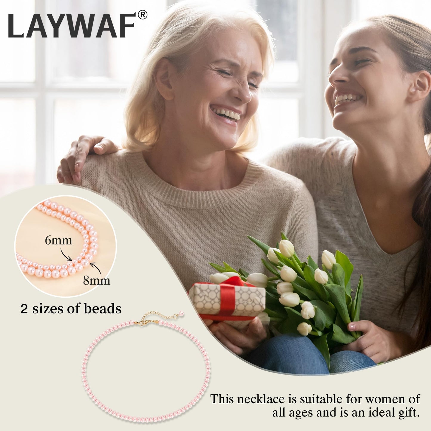 LAYWAF Pink Imitation Pearl Necklaces for Women Mom, 6MM Fake Pearl Choker Necklace, Beaded Necklace Faux Pearl Costume Pearl Necklace, Wedding Costume Jewelry