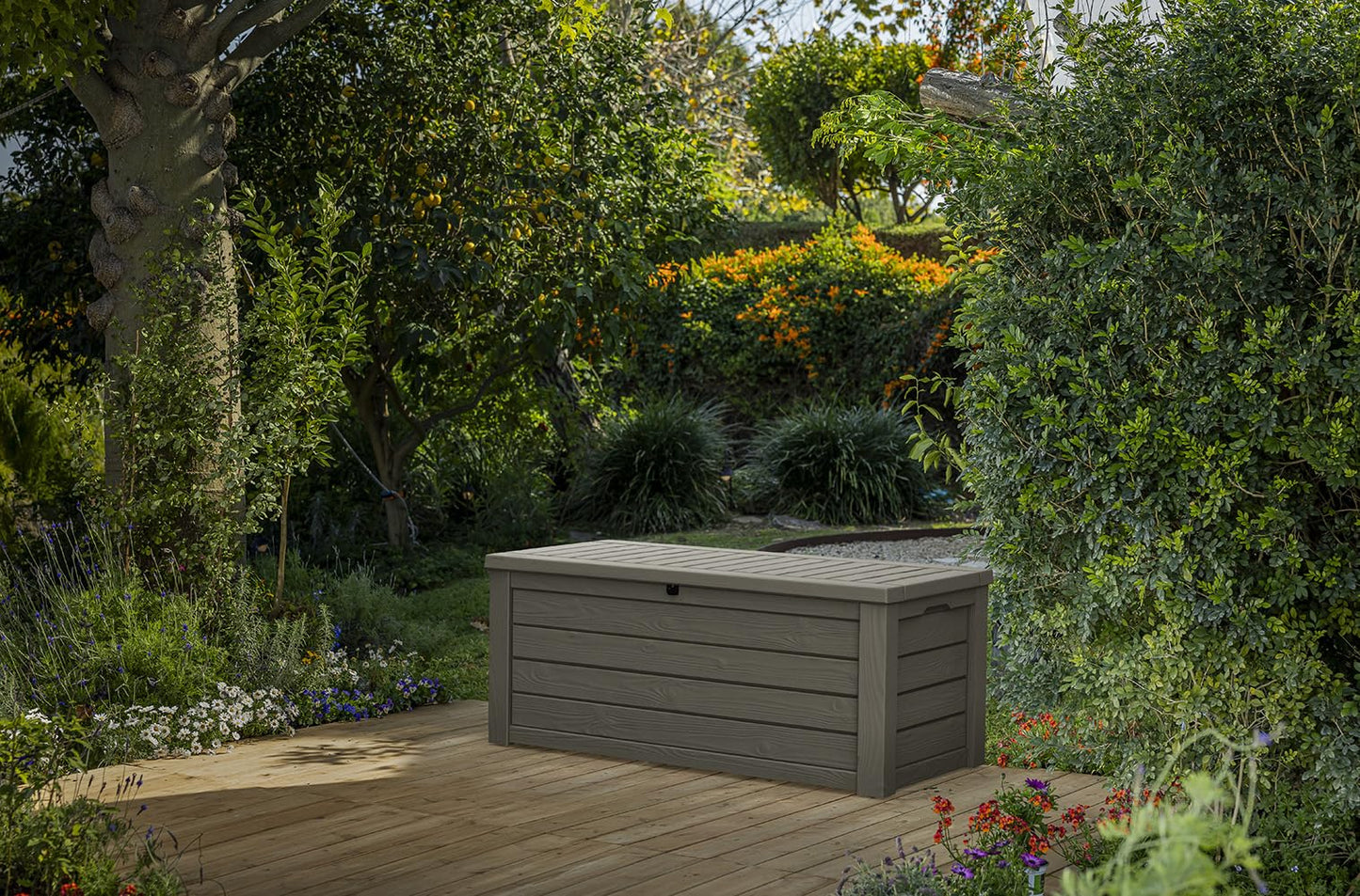 Keter Westwood 150 Gallon Resin Large Outdoor Storage Box for Patio Furniture, Outdoor Cushions, Garden Tools and Pool Floats, Taupe