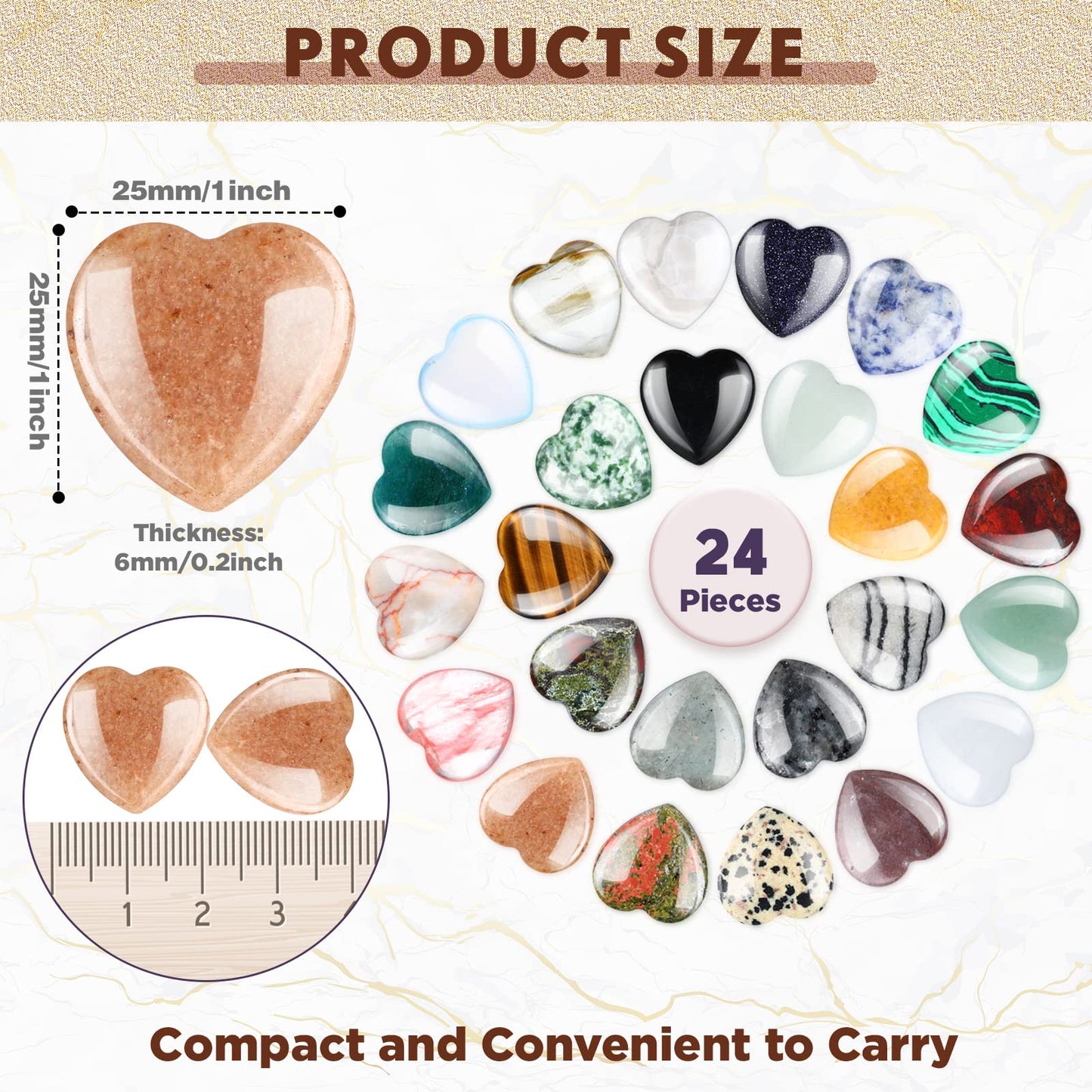 Nuenen 24 Pcs 1 Inch Mother's Day Natural Heart Stones Bulk 25mm Love Healing Crystals Gemstones Pocket Polished Palm Worry Chakra Stones for Stress Reiki Balancing Yoga Meditation