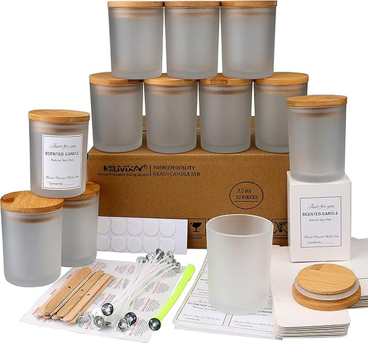 MILIVIXAY 12 Pack 12 OZ Frosted Glass Candle Jars with Lids and Candle Making Kits - Bulk Empty Candle Jars for Making Candles - Spice, Powder Containers.