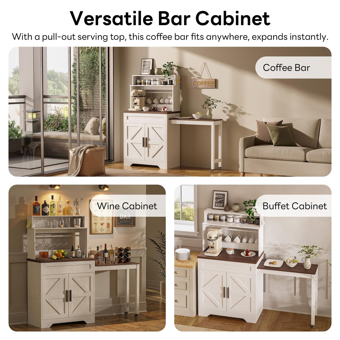 LIKIMIO 57" Farmhouse Coffee Bar Cabinet with Extendable Table & Locking Wheels, Mobile Kitchen Island Storage Cart with Magnetic Board, 5 Hooks, Adjustable Shelf, Space Saving for Apartment, White