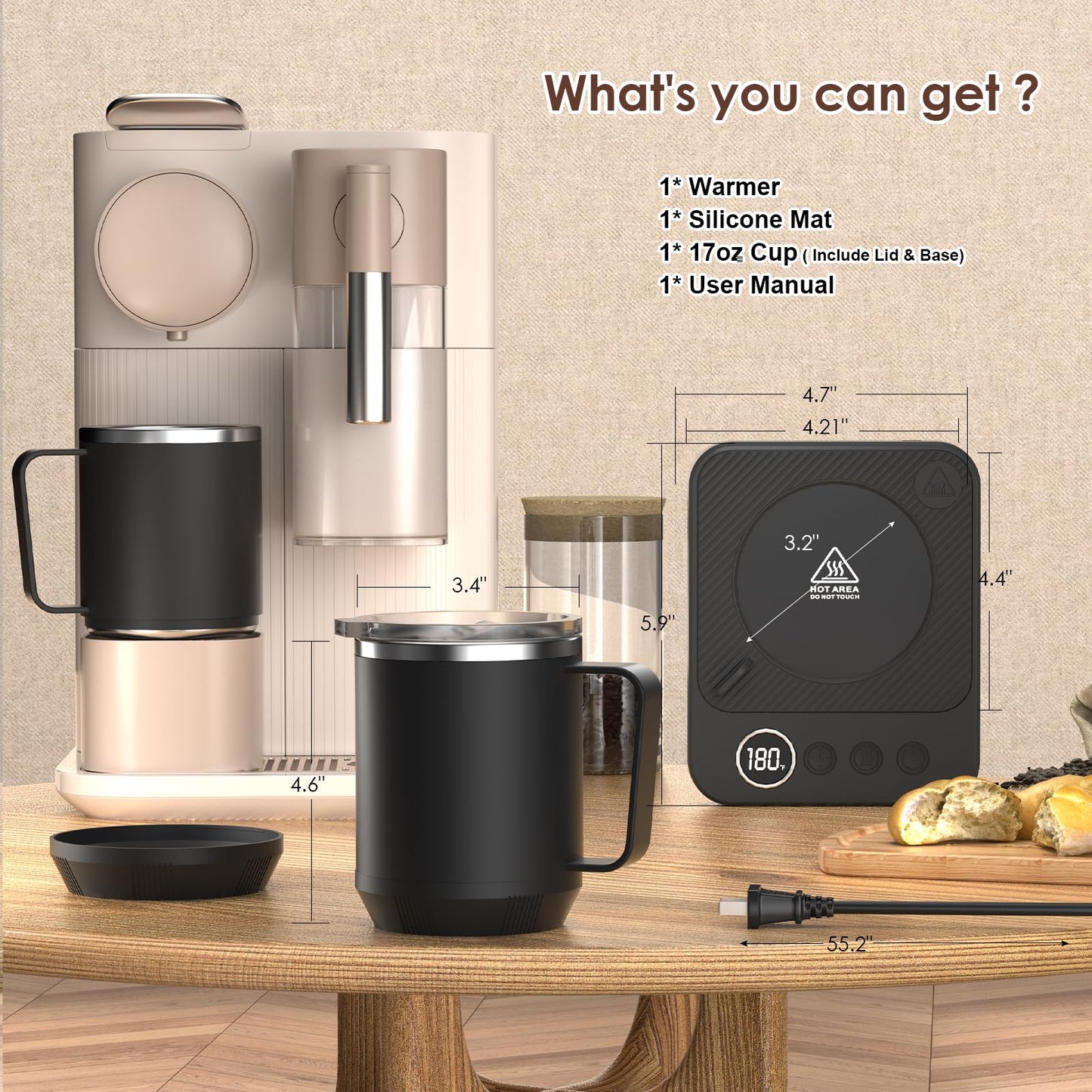 Coffee Mug Warmer & Mug Set for Desk, Electric 36W Coffee Cup Warmer with Auto Shut Off/Timer, Smart Coffee Mug Heater with 16oz Cup for Home/Office, Heated Coffee Cup Gifts for Coffee Lovers,Black