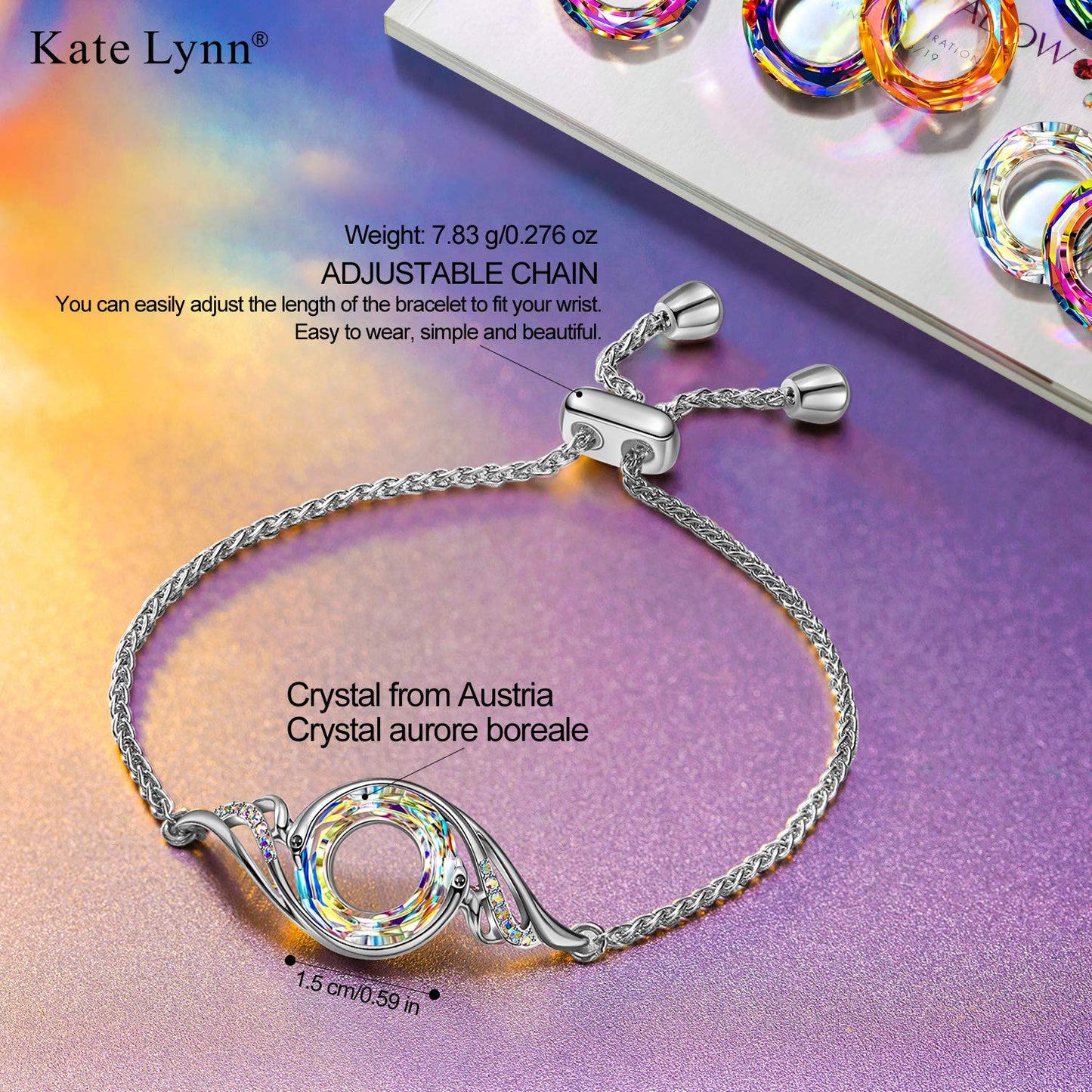 Kate Lynn Slider Bracelets for Women Crystal Bracelet Jewelry Birthday Gifts for Women Wife Christmas Mothers Day Gifts for Mom Daughter Girlfriend Lady Valentines Day Anniversary Jewelry for Her