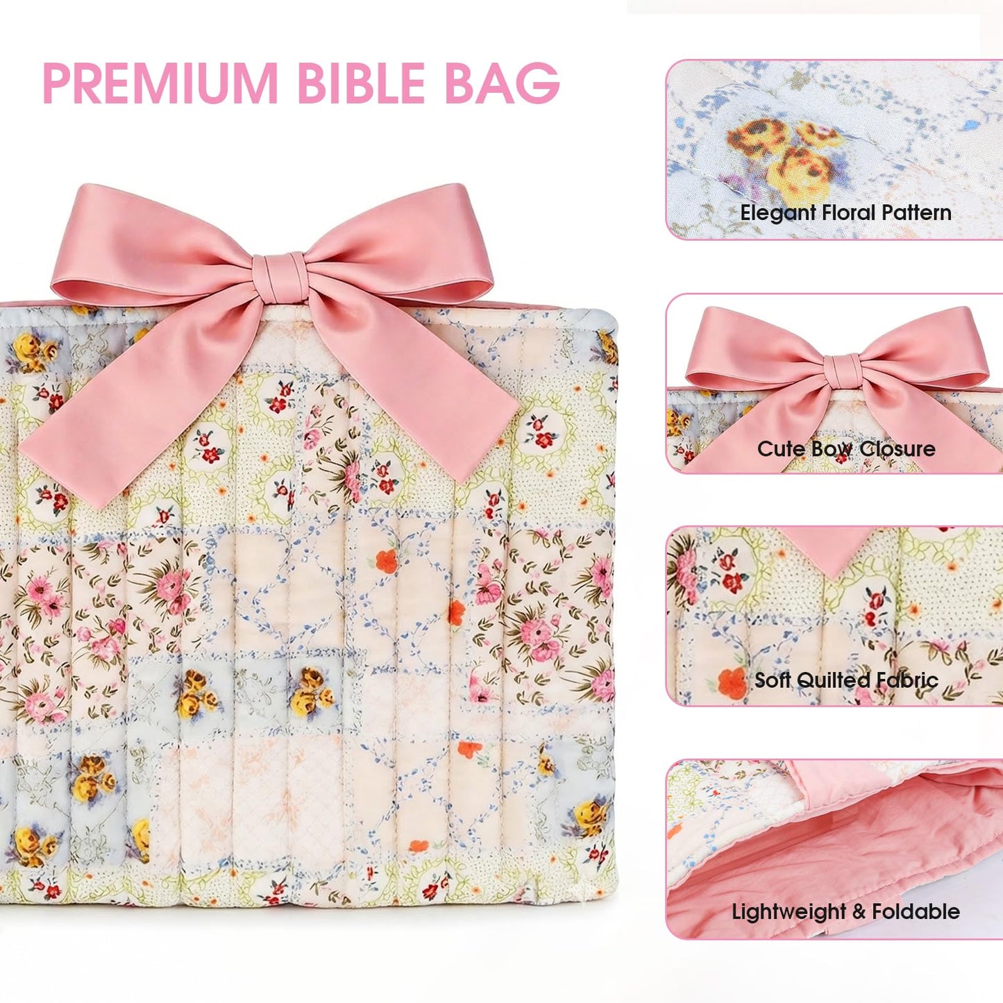 Quilted Bible Cover Case for Women, Pink Floral Bow Bible Carrier Bag, Bible Study Supplies Kit with Tabs Paperclips Highlighters Pens Sticky Notes, Christian Gift Set with Box