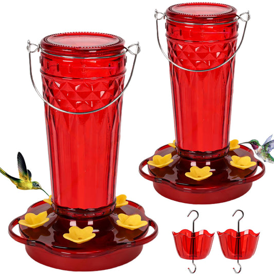2 Pack Glass Hummingbird feeders for Outdoors 14Ouncesï¼5 Feeding Ports Hummingbird Feeder,Wide Mouth for Easy Filling/Cleaningï¼Hanging for Garden Backyard Decor, Includes Ant Moat (Redï¼2Pack)