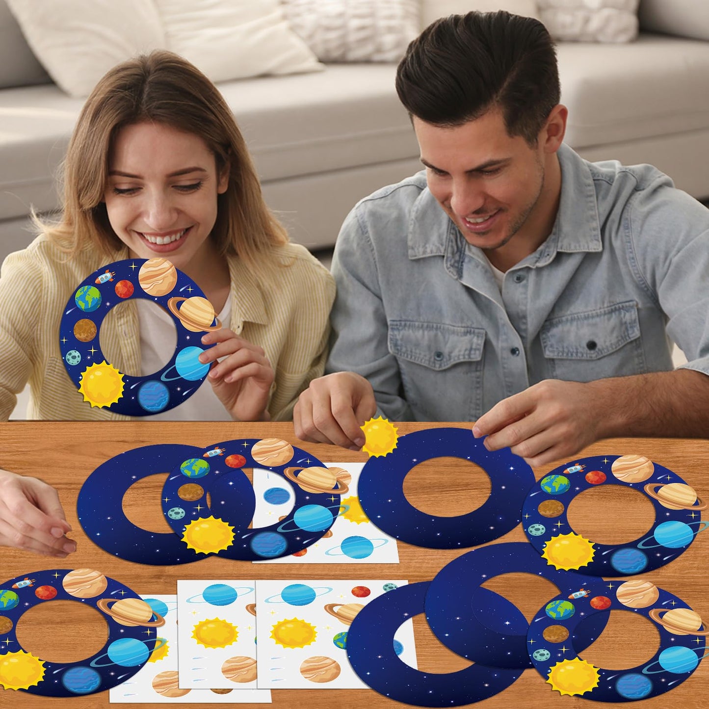 Lonfliness 24 Sets Space Wreath Craft Kits DIY Hanging Decor Solar System Paper Wreath Craft Ornament with Planet Stickers Outer Space Party Supplies for Home School Classroom Activities