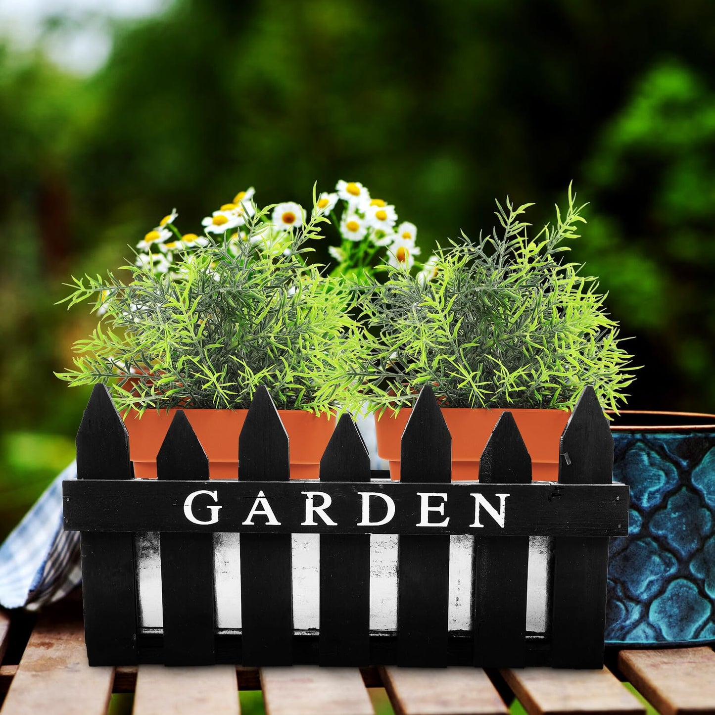 OSALADI Rectangular Wooden Planting Box Decorative Fence Flower Pot Planter for Indoor Outdoor Garden Home Décor Black Wood Material