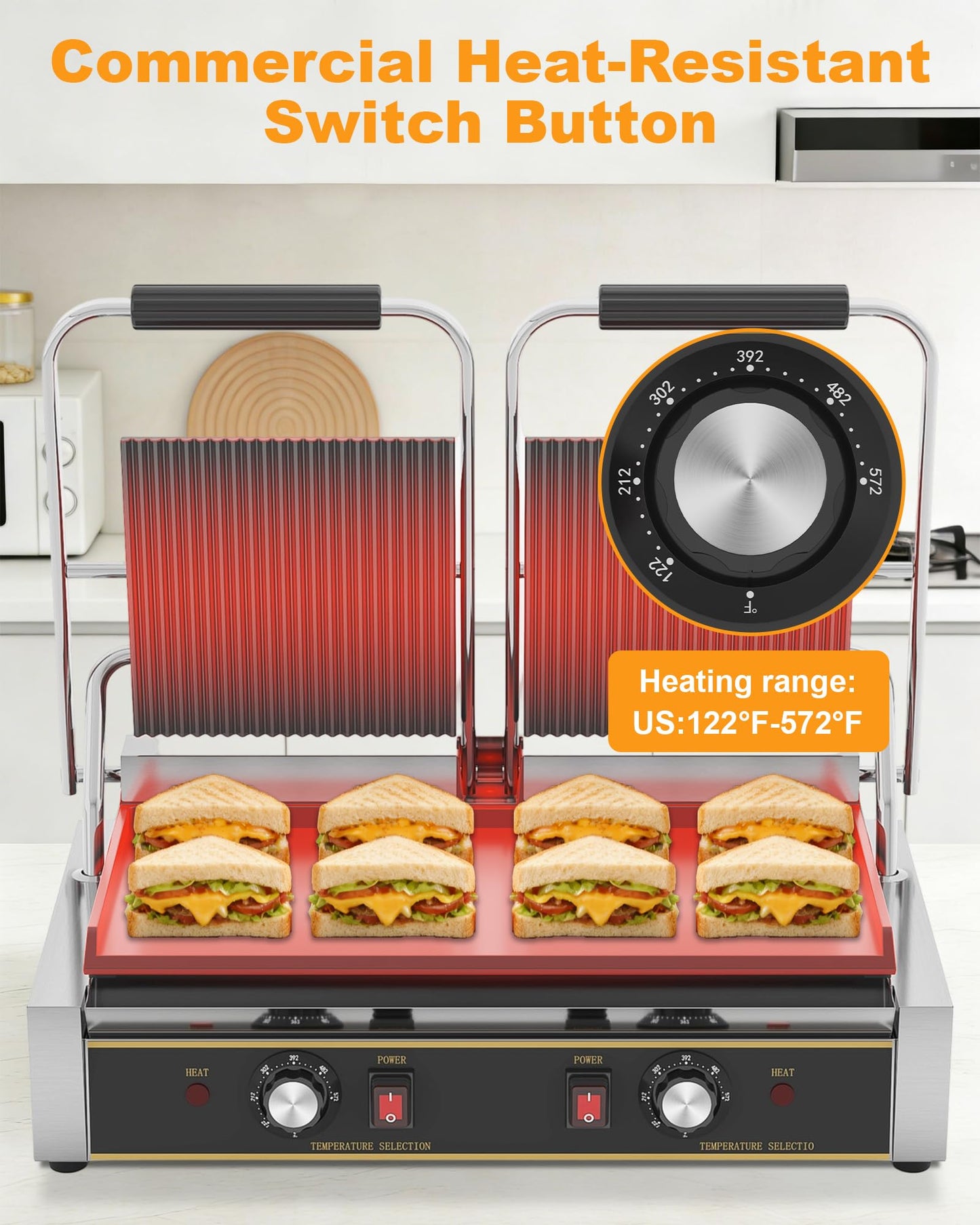 HTTSICHI Commercial Panini Press - 3600W Electric Sandwich Panini Maker, Stainless Steel Double Sandwich Grill w/Nonstick Coating & Temp Control, 19x9 in Plate for Hamburger Steak Bacon
