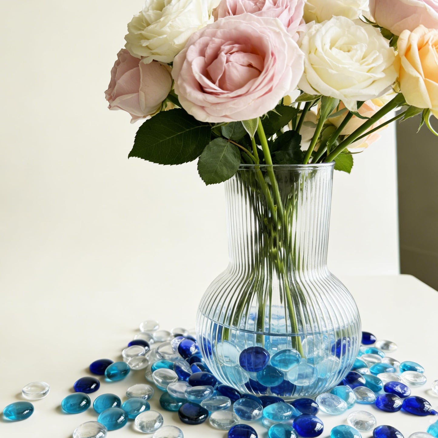 Aflyu About 5 LB Flat Glass Marbles for Vase Glass Gemstone Beads Vase Fillers Aquarium Pebbles Fish Tank Rocks Vase Fillers for Home Decoration (Clear&Blue&Aqua Blue)