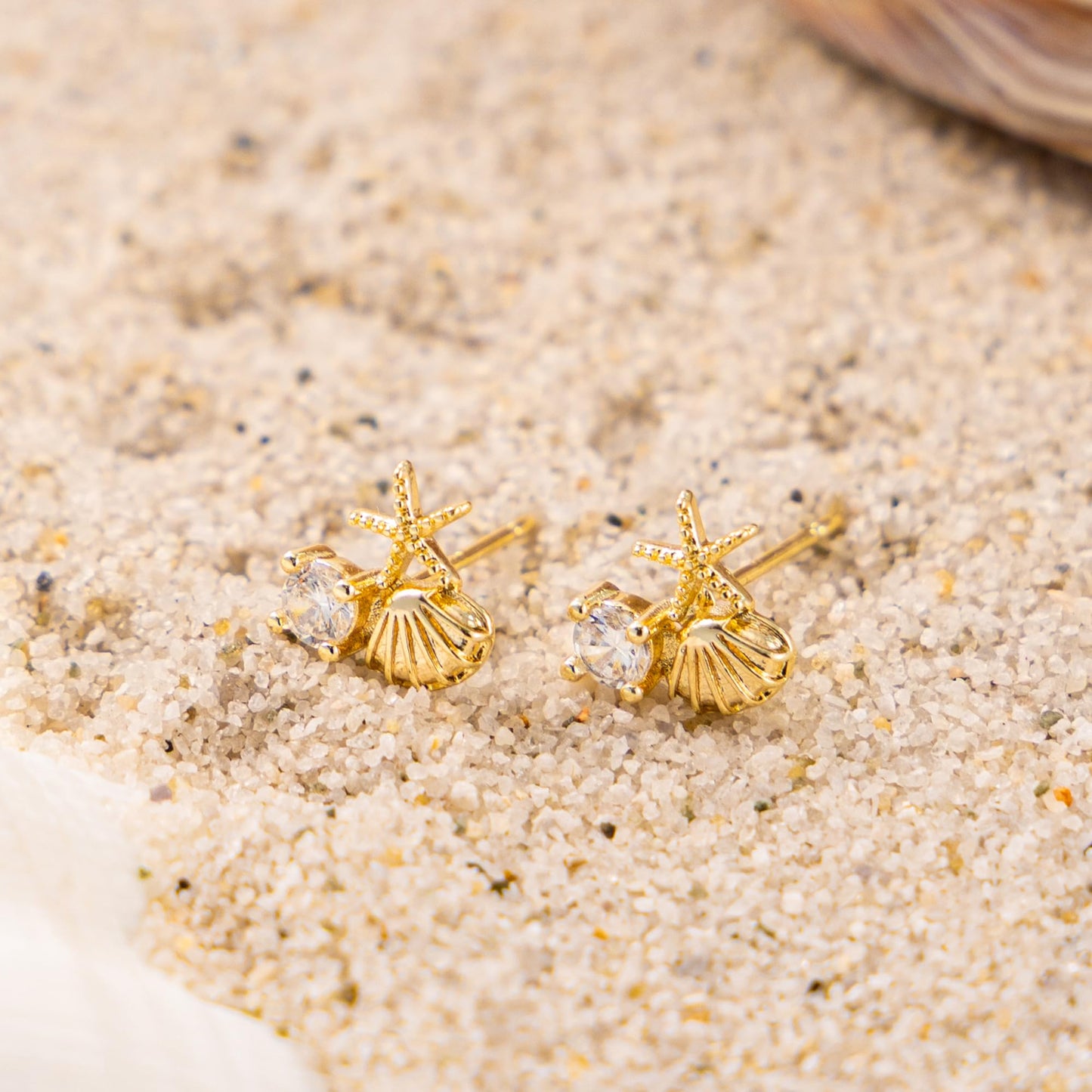 Plenky Gold Earrings for Women- 14K Gold Plated Starfish Shell CZ Earrings Summer Beach Vacation Outfits Trendy Jewelry Gifts