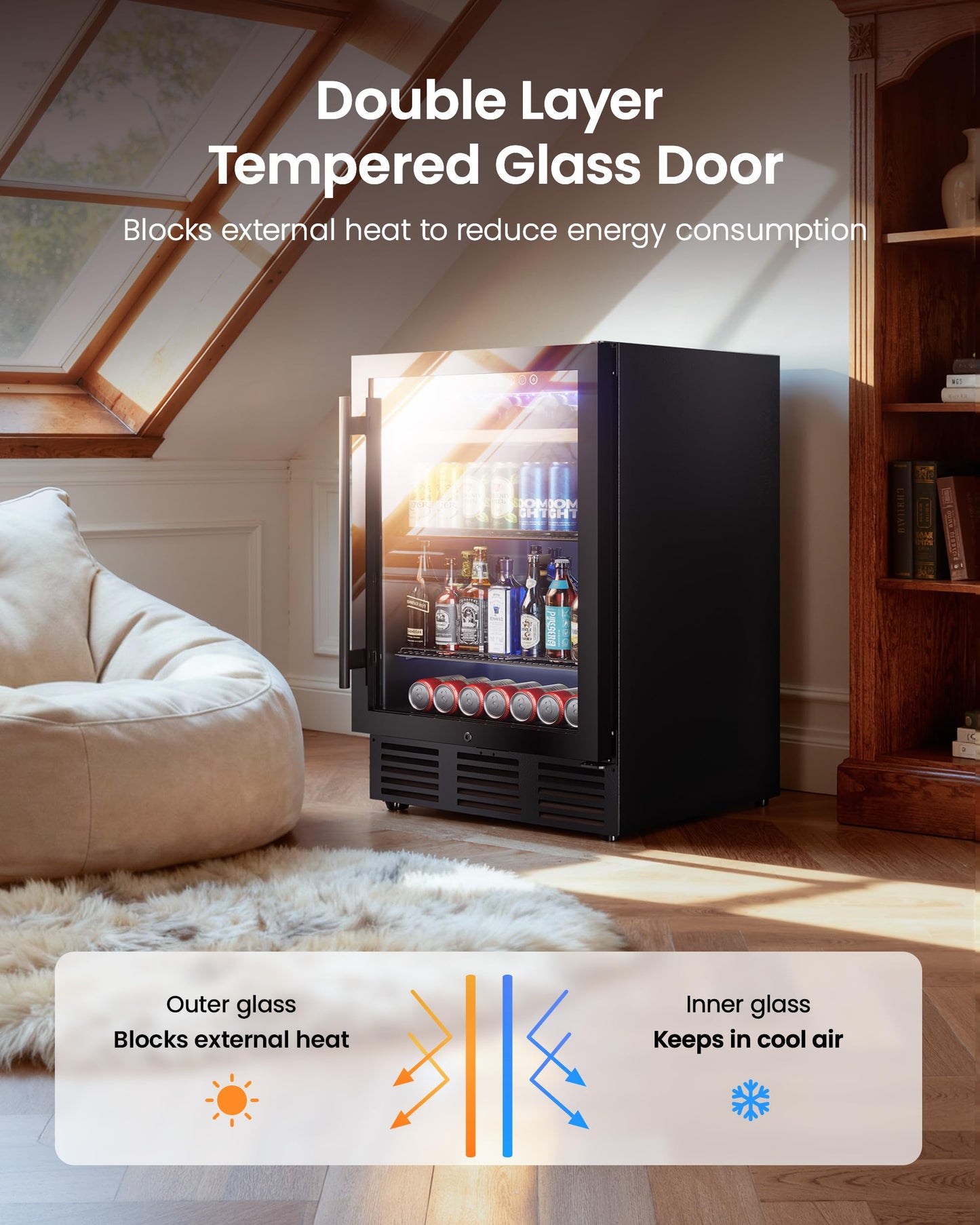 ICEVIVAL 24 In Beverage Refrigerator, 112 Cans & 8 Bottles Wine Fridge with Double-Layer Glass Door, Built-In or Freestanding Wine and Beverage Refrigerator, Under Counter Fridge for Home/Bar/Cafe