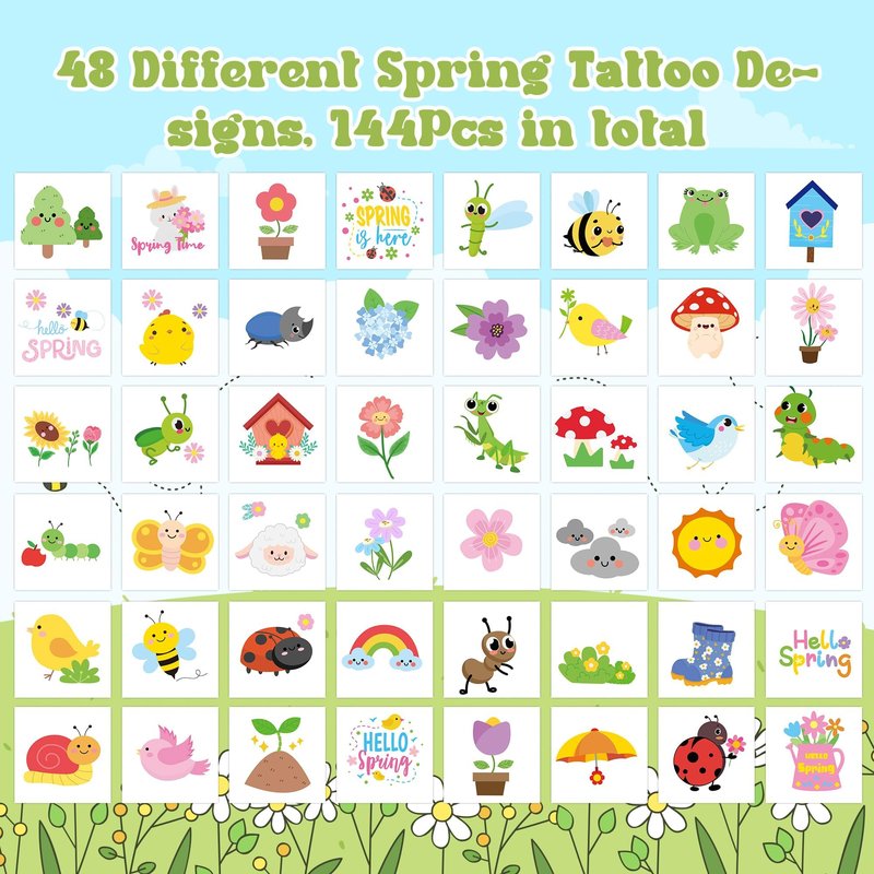 ANGOLIO Spring Theme Temporary Tattoos Stickers - 144Pcs Spring Animals Themed Tattoos Stickers, Cute Cartoon Bee Ladybug Butterfly Pattern Decals for Kids Party Goodie Bag Stuffers Classroom Rewards