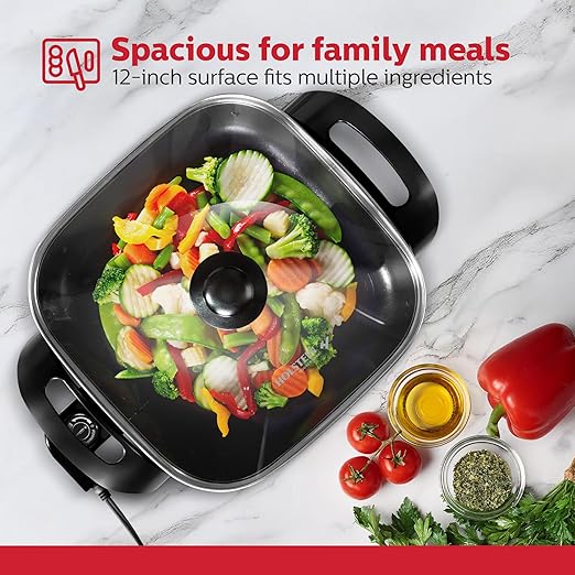 Holstein Housewares 12-Inch Electric Skillet - 1400W Electric Pan with Adjustable Temperature Control, PFOA-Free Non-Stick Coating, Cool-Touch Handles, Multi-Function Cooker, Red