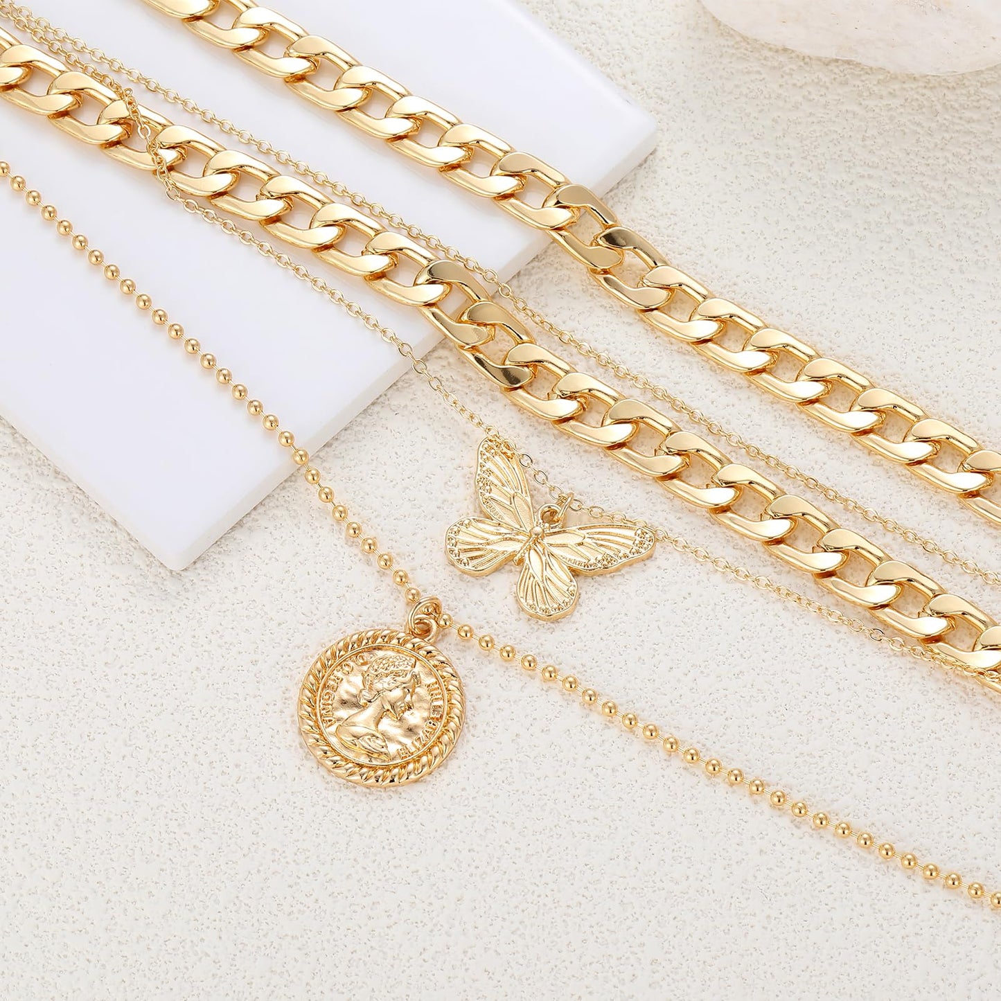 MJartoria Gold Layered Necklaces for Women Trendy Retro Coin Pendant Necklace Dainty Chunky Chain Choker Necklaces for Jewelry Birthday Gifts (Gold, A-X-Butterfly-5 in 1 Layered)
