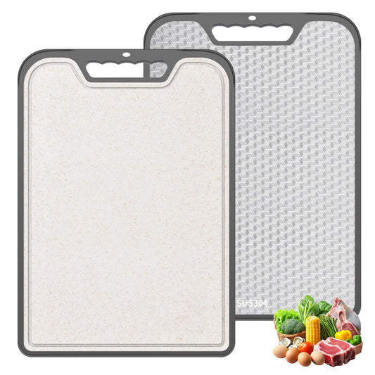 2-in-1 Double Sided Cutting Board, SUS304 Stainless Steel & Wheat Straw Cutting Board, Non-Slip Kitchen Chopping Board for Meat, Vegetables, Fruits, Dishwasher Safe（16inchX11inch）