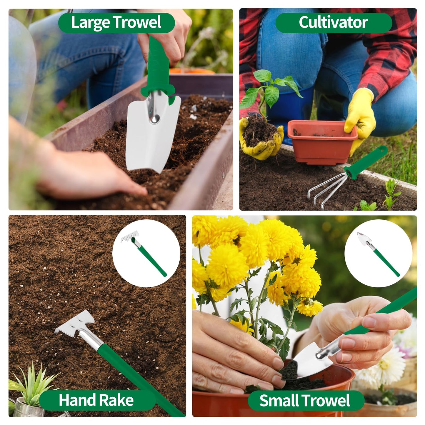 Gardening Tool Set, 11 Pieces Gardening Tools with Carrying Case, Garden Tool Kit for Digging Planting Pruning, Unique Gardening Set with Gloves for Women and Men (Green)