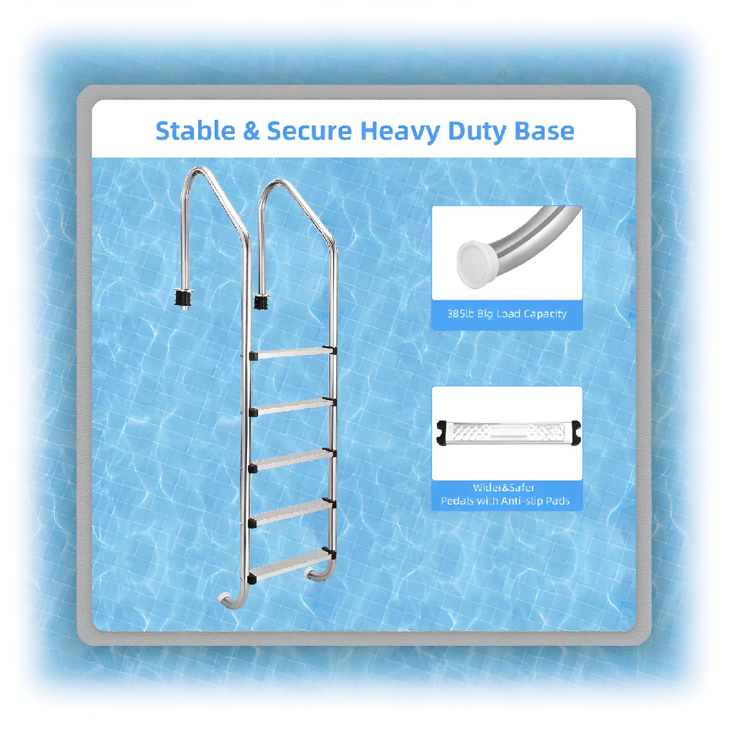 Swimming Pool Ladder, 5-Step Thickened Stainless Steel, Heavy Duty Non-Slip Above Ground Pool Ladder, Weight Capacity 385lbs, for Indoor/Outdoor Pool, Easy Assembly, Sliver