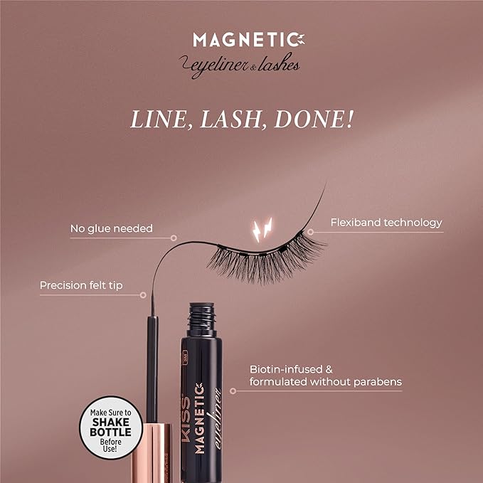 KISS Magnetic False Eyelashes and Eyeliner, ‘Charm’, 12mm, Easy to Apply, Reusable, No Glue, Flexible Band, Precision Felt Tip, Fortified Formula, 1 Pair Strip Lashes