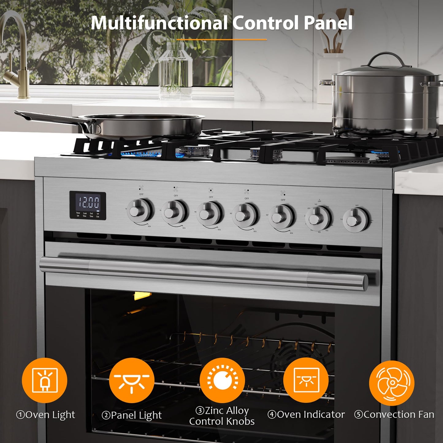 Empava Gas Range, Convection Oven 5.0 Cu. Ft with Touch Timer, 5 Deep Recessed Burners Cooktop, Heavy Duty Continuous Grates in Stainless Steel, Freestanding & Slide-in,30 Inch