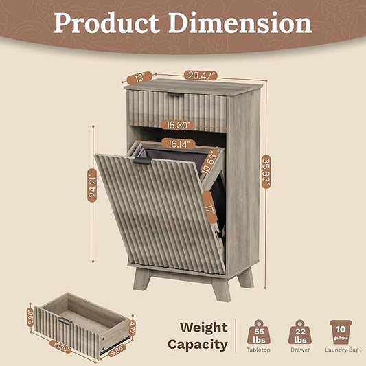 Modern Tilt Out Laundry Hamper Cabinet, 10 Gallon Wooden Trash Can Cabinet with Storage Drawers, Hidden Fluted Garbage Can Holder for Kitchen, Living Room (Wood Grey, 20.47"W x 35.83"H x 13"D)