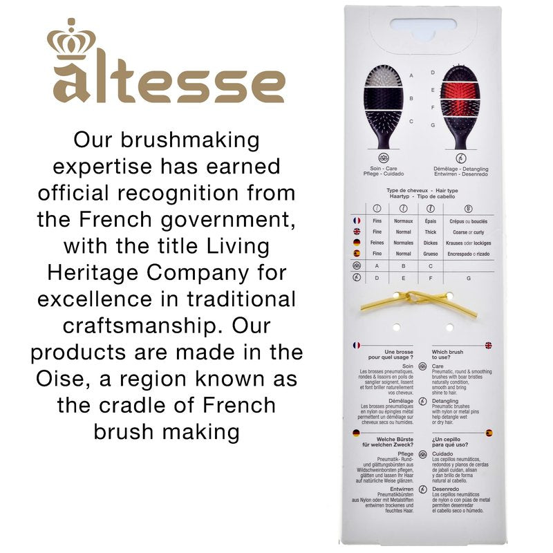 Altesse 8907 Natural Bristle Hair Brush Detangler Brush Medium Air Cushion Matte Black Handle with 7 Rows of Black Boar Bristle and Nylon Hairbrush for Thick Hair Styling and Detangling Made in France