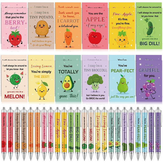 24 Sets Inspirational Mini Notebook with Pens Bulk Motivational Pocket Notepad with Cute Fruit Vegetable Pun Design Positive Gifts Employee Appreciation Gifts for Coworker Volunteer Teacher Students