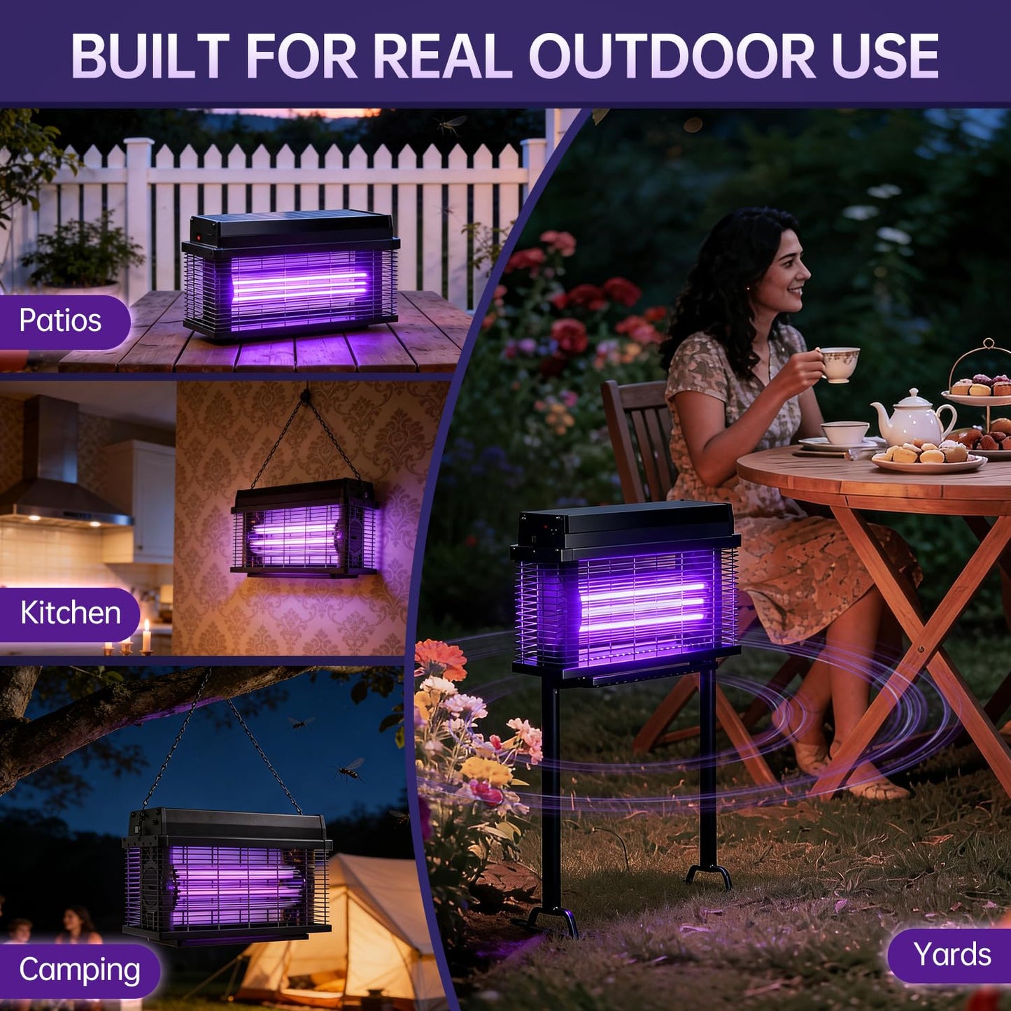 Spansol Solar Bug Zapper Outdoor, Purple UV Mosquito Zapper with Smart Rain Off Rechargeable Mosquito Killer Lamp, Wireless Solar Powered Fly Trap for Yard Patio RV Camping (Black)