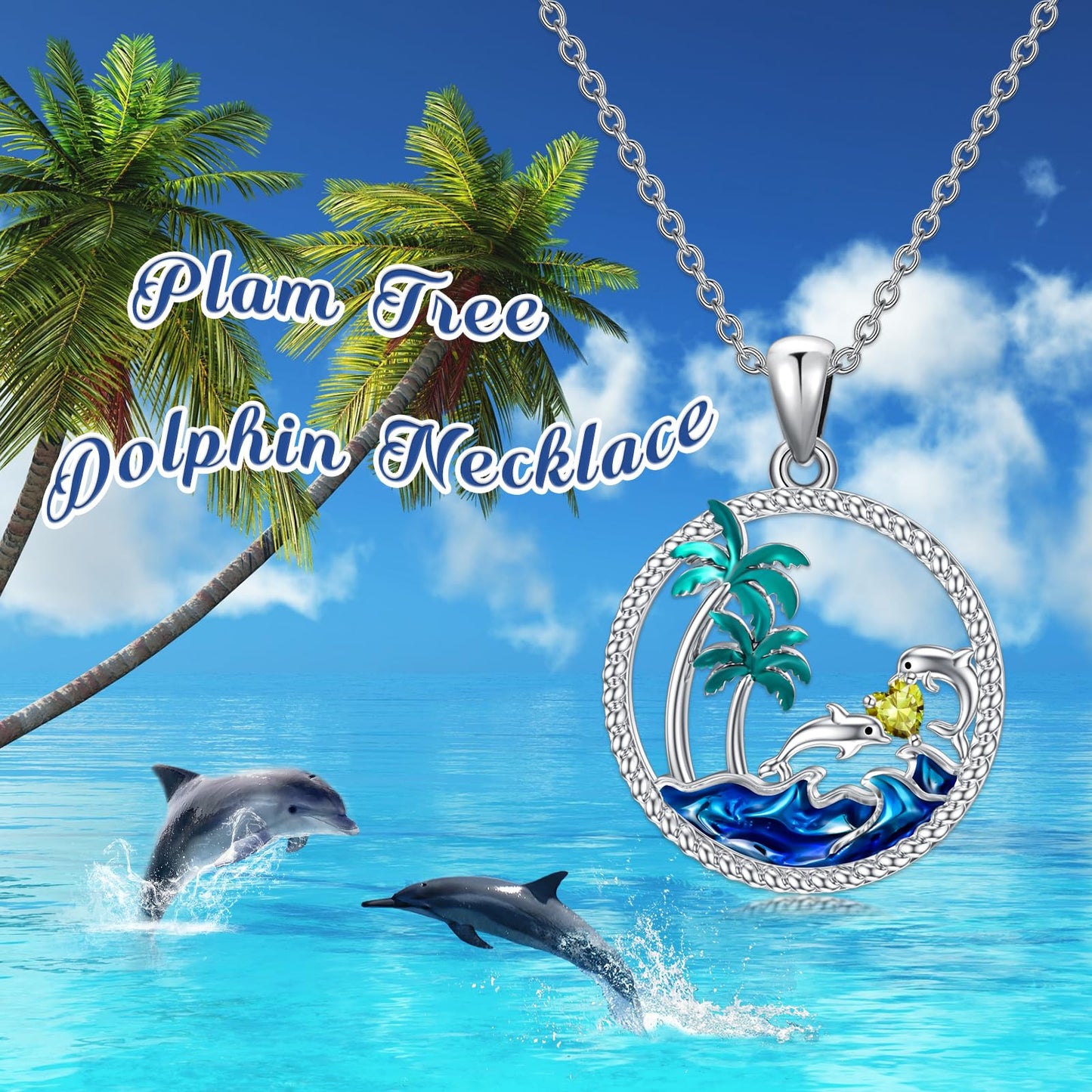 PROESS Dolphin Necklace Sterling Silver August Birthstone Necklace Palm Tree Beach Jewelry Ocean Animal Gifts for Women Daughter