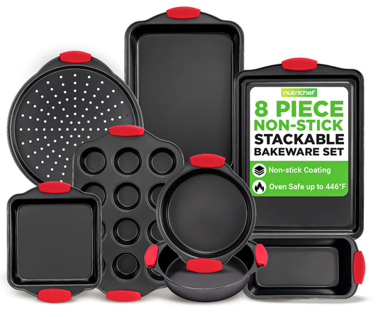 NutriChef Non-Stick Kitchen Oven Baking Pans-Deluxe & Stylish Nonstick Gray Coating Inside Outside, Commercial Grade Restaurant Quality Metal Bakeware with Red Silicone Handles NCSBS8S, 8 Piece Set