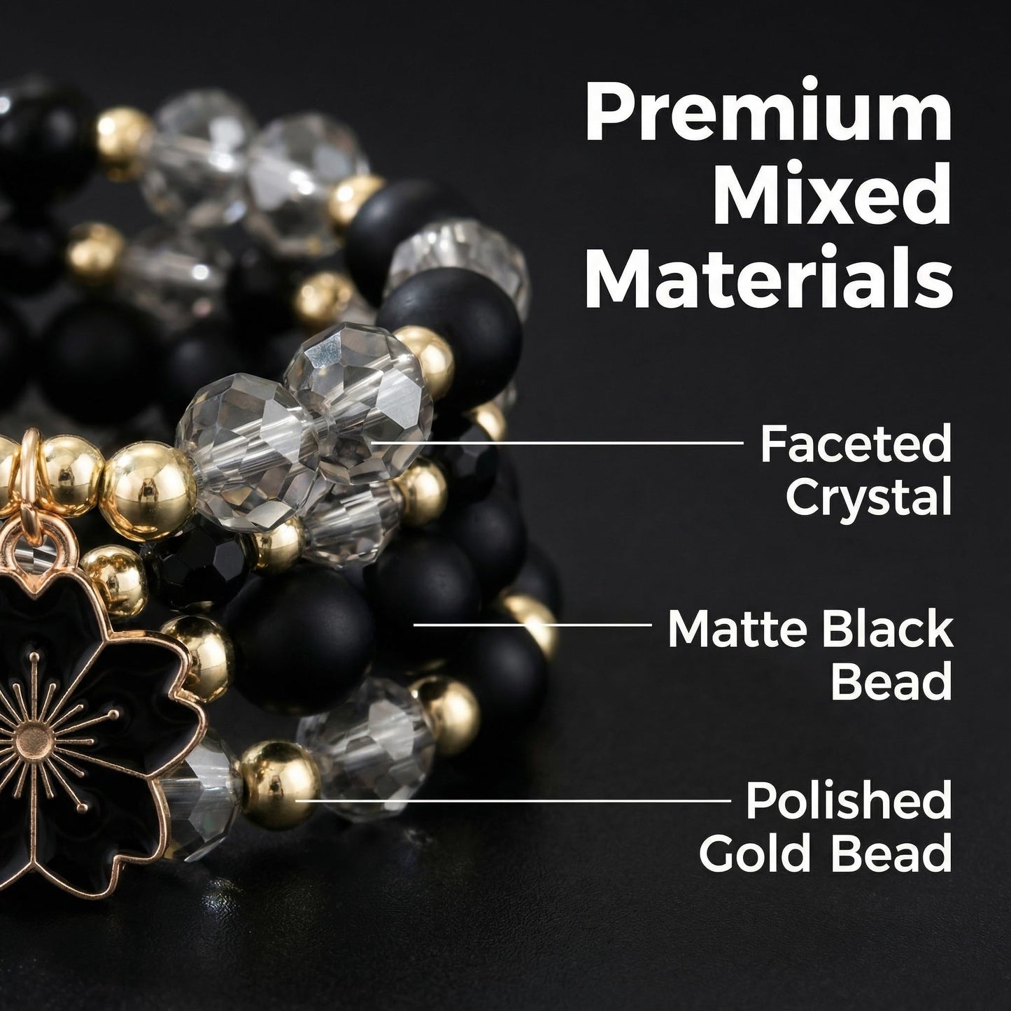LOTSOF Boho Flower Beaded Bracelet Set for Women - Multilayer Crystal & Flower Charm Stackable Bracelets, Fashion Jewelry Gift for Her (Black)