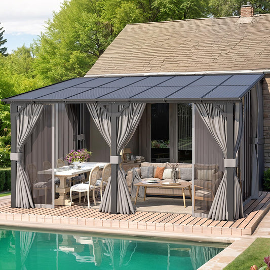 AECOJOY 14' x 10' Gazebo for Patio, Hard Top Lean to Gazebo Pergola with Curtains and Mosquito Netting, Large Wall-Mounted Heavy Duty Awnings for Patio, Decks, Backyard and More