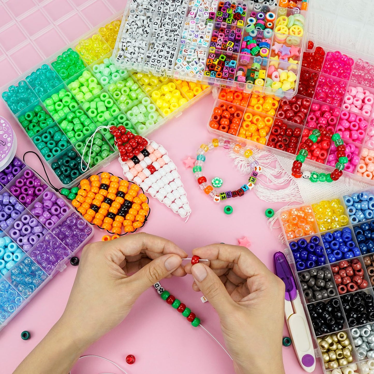 5 Boxes Bracelet Making Kit Pony Beads, 96 Colors 6x9mm 3500Pcs Kandi Rave Beads for Bracelets Friendship Plastic Bead with 800Pcs Letter Bead Arts and Crafts for Kids Adults Keychain Jewelry Making