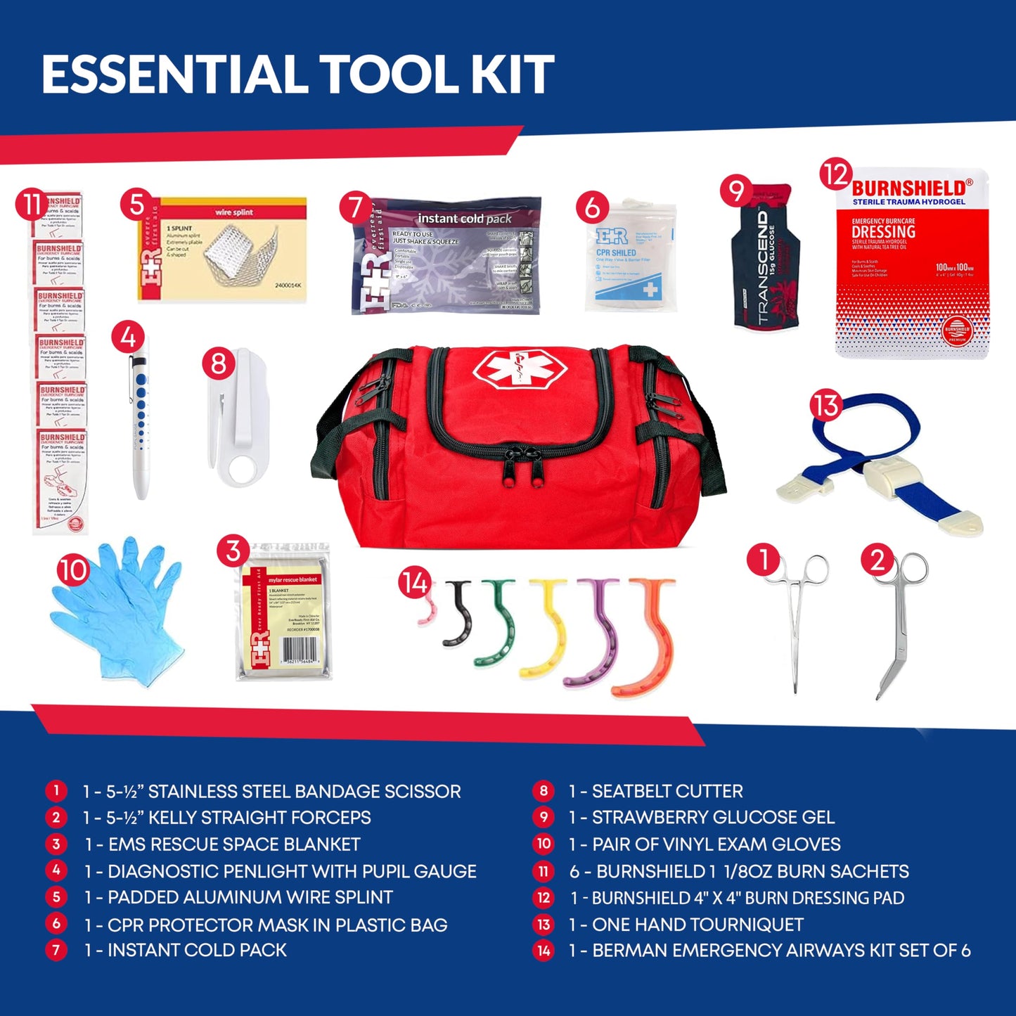 Fully Stocked Trauma First Aid Kit – First Responder II Bag with Tools, Gauze, Bandages, Scissors & Gloves – Compact & Portable – OSHA and ANSI Compliant – Red