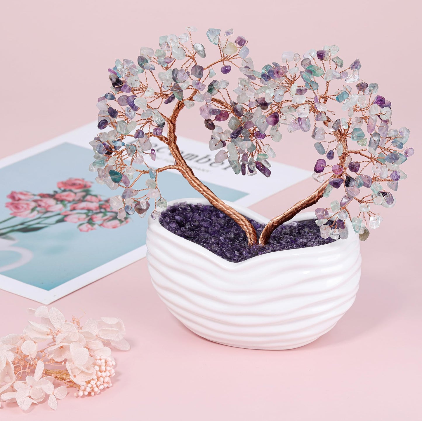 GEHECRST Fluorite Crystal Tree Handmade Healing Crystal Gemstone Heart Stone Bonsai Tree Energy Feng Shui Ornament Crystal Gifts for Mom Mothers Day Women Home Office Desk Decor Christmas