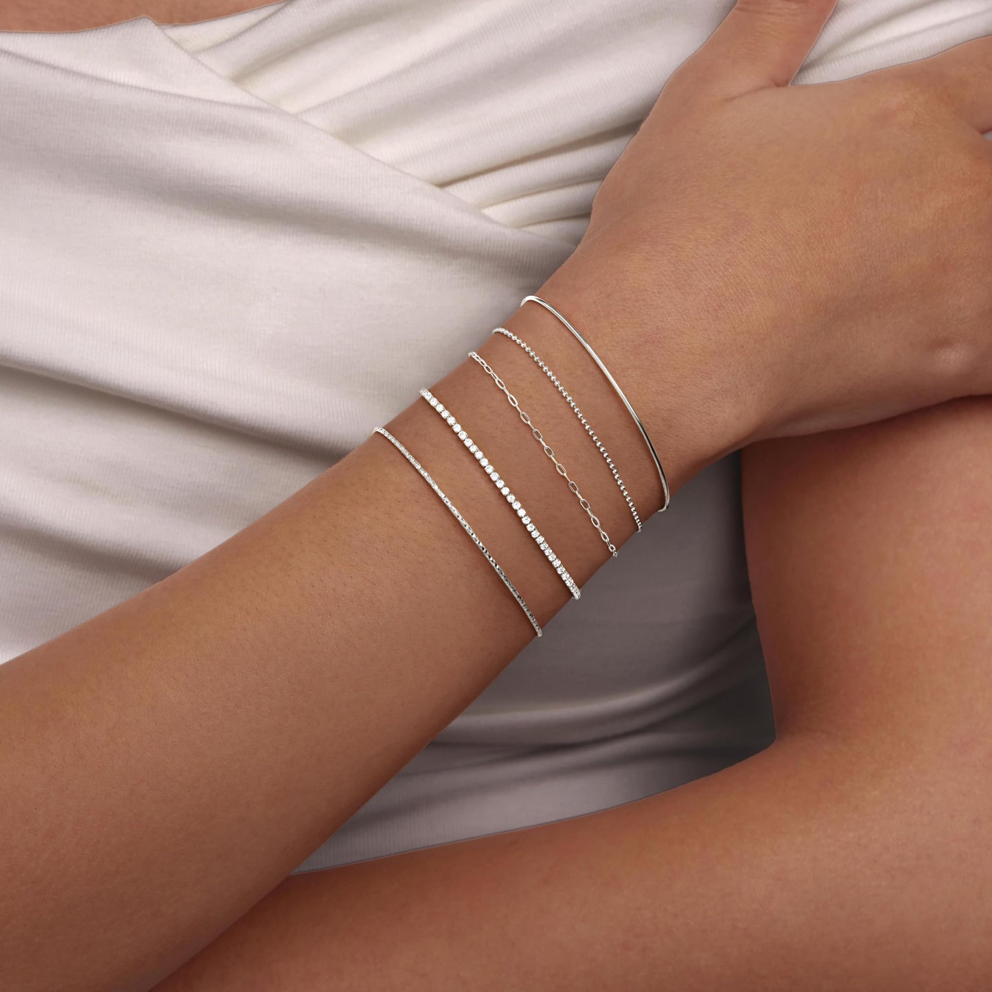 Silver Bracelets for Women 925 Silver Plated 5 Pcs Set - Dainty Stackable Waterproof Stainless Steel Jewelry - Minimalist Paperclip Beaded Tennis Bangle Bracelet Set for Women Gifts