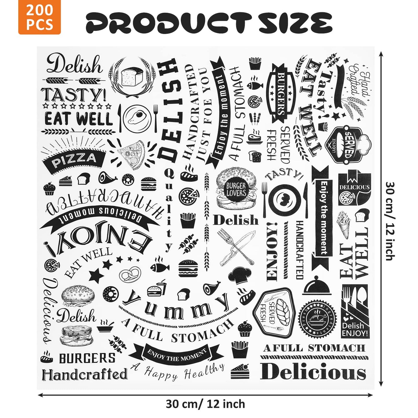 Marspark 200 Pcs Deli Wax Paper Sheets 12 x 12 Inch Square Grease Resistant Tray Basket Liners Hot Dog Wrappers Newsprint Water and Grease Proof Sandwich Wrapping for Food Baking (White Black)