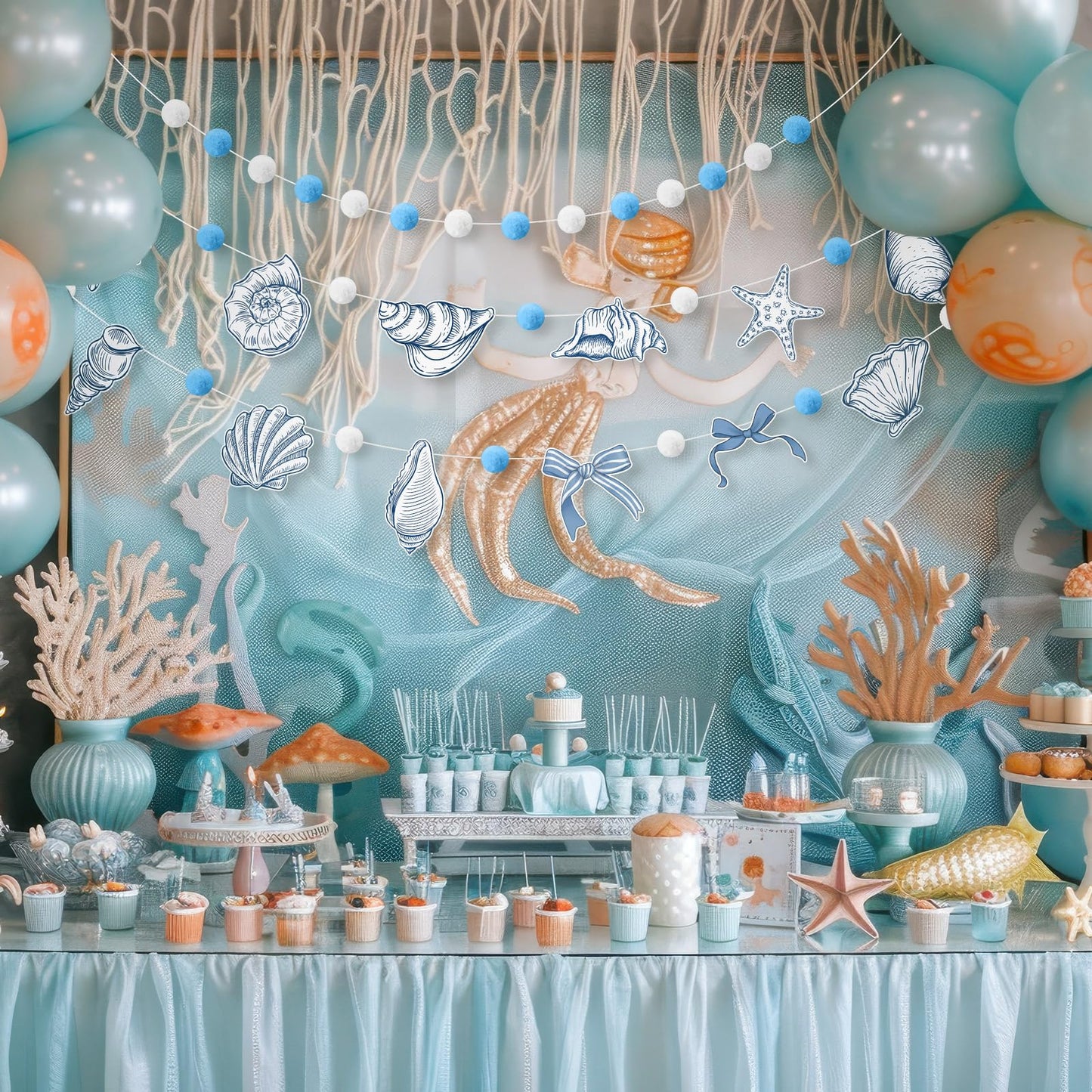 Frienda 3 Pcs Seashell Blue and White Felt Ball Garland Pom Pom Banner Carnival Themed Felt Ball Decoration for Backdrop Birthday Luau Mexican Tropical Party Christmas Decoration