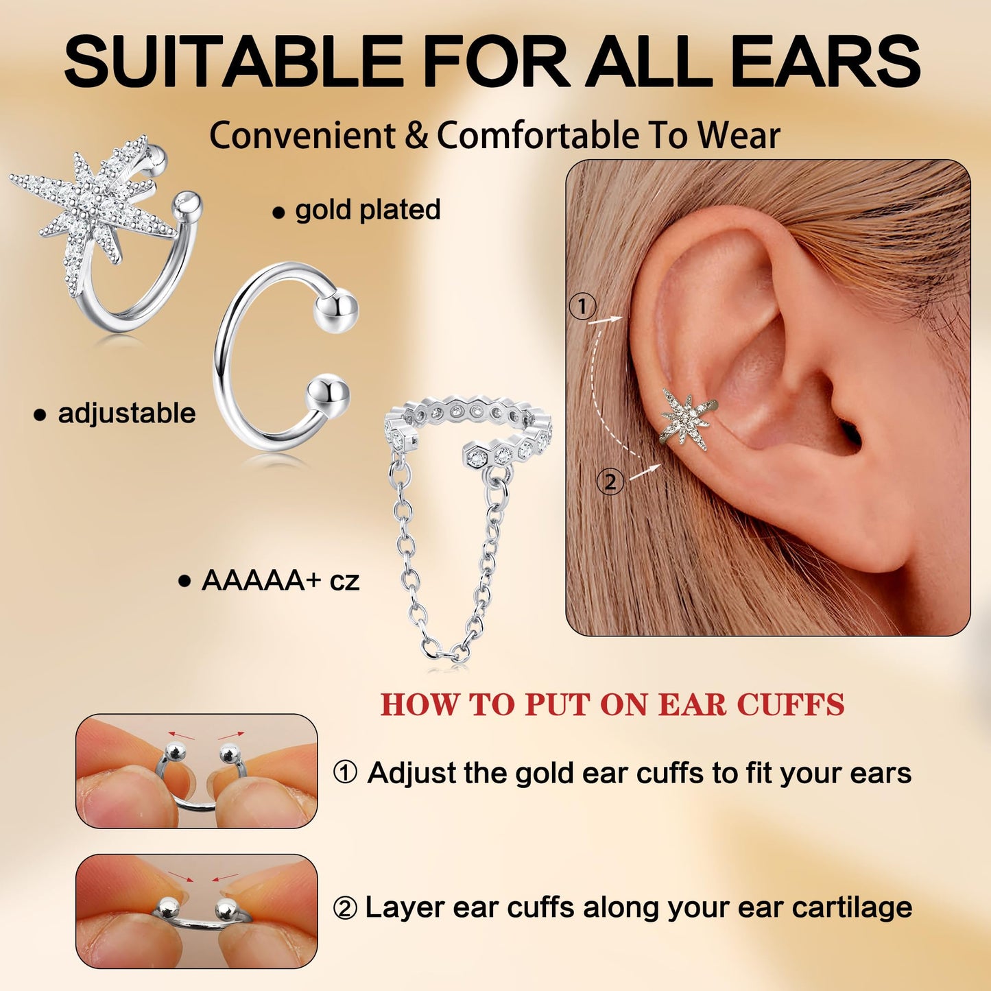 Dochais Ear Cuffs Non-Piercing Earrings for Women Cute Small Clip-On Cartilage Earring 14k Gold Plated Dainty Fake Piercings Earings Silver Style4