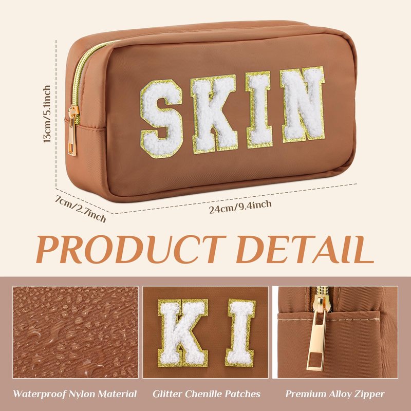 Cunno Preppy Makeup Bags Chenille Letter Stuff Bag Nylon Cosmetic Pouch Cases with Zipper for Women Travel Toiletry(Brown Set,Classic,4 Pcs)