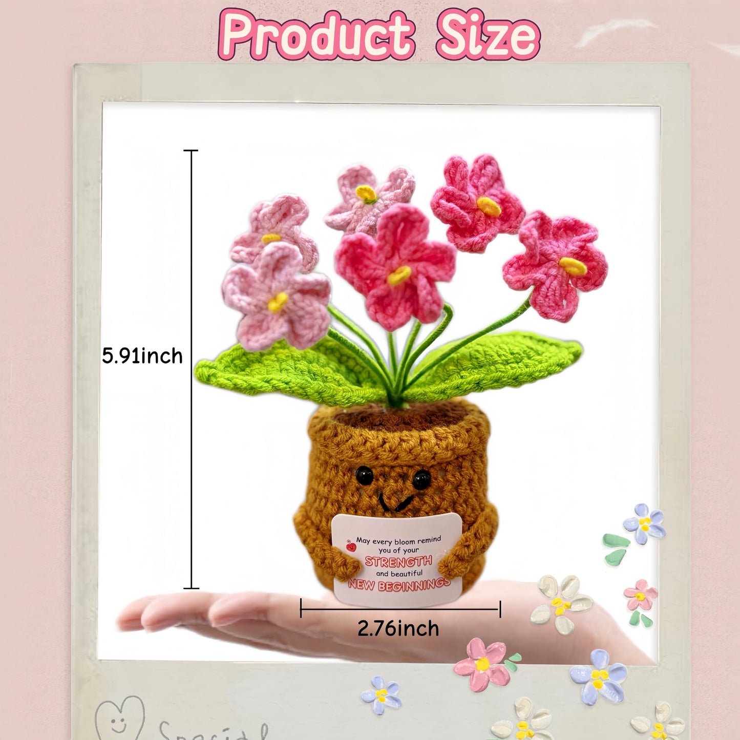 Crochet Gift for Women Graduation, Pink Forget-Me-Not Flowers Set of 6 with emotional support Card, Good Luck Gift for New Job, Retirement, Encouragement, handmade Home Decor for Her, Desk Plant