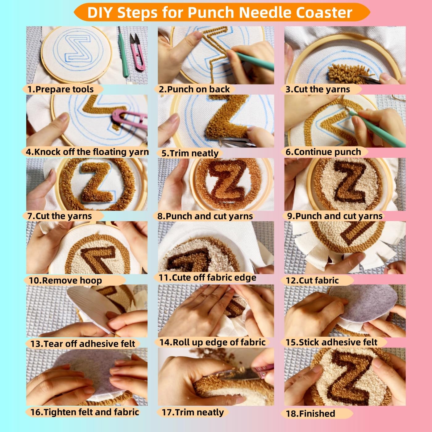 6PCS Punch Needle Coaster Kit Cute Scottland Highland Cow Easy for Beginners Stress Relief Craft Set with Hoop Yarn & Patterns DIY Embroidery Mug Rug Kit for Adults Kids Home Decor-3
