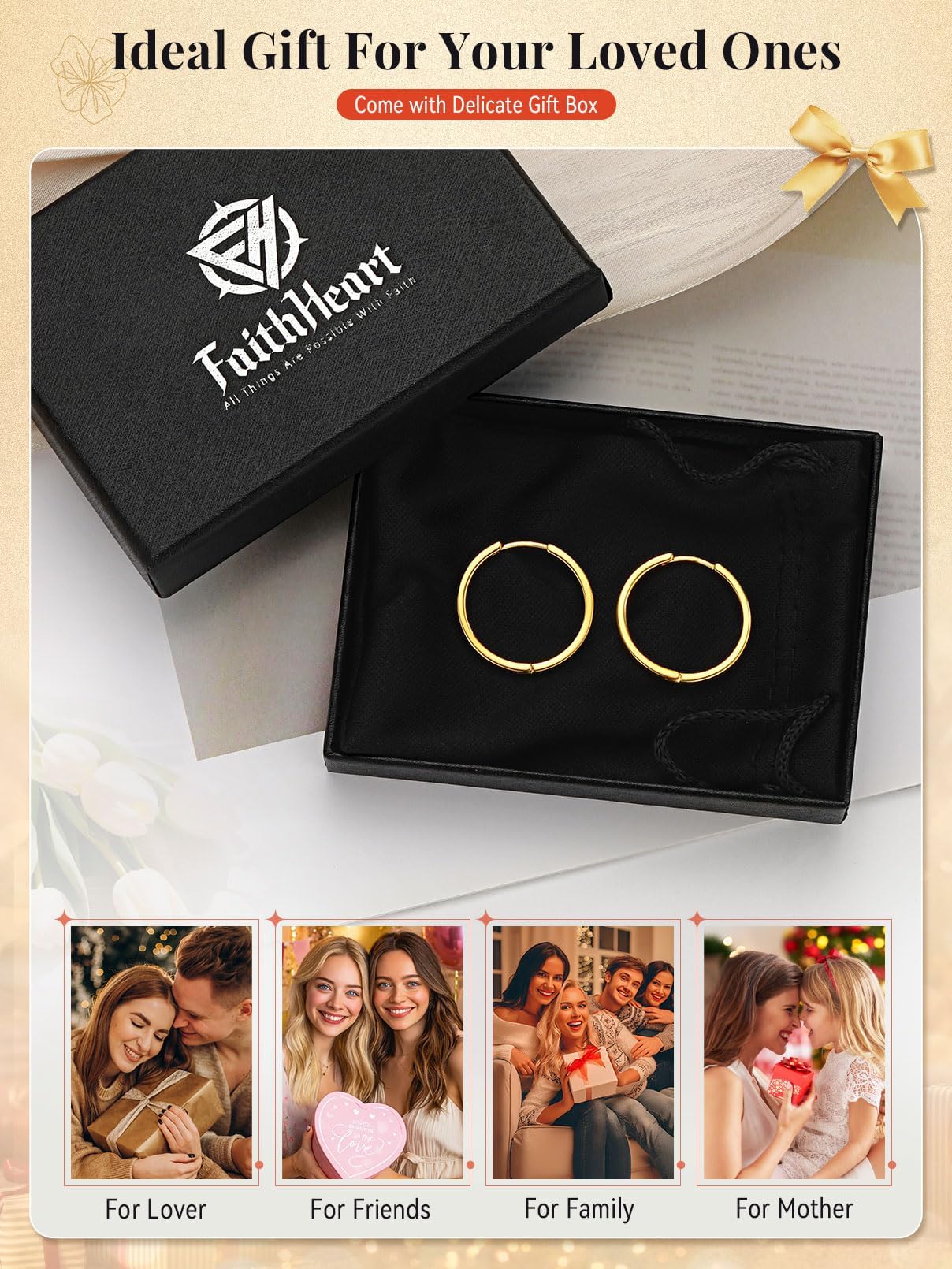 FaithHeart Hoop Earrings for Women, Black Hypoallergenic Huggie Hoop Earrings, Small Cartilage Earrings for Women 16mm, Send Gift Box