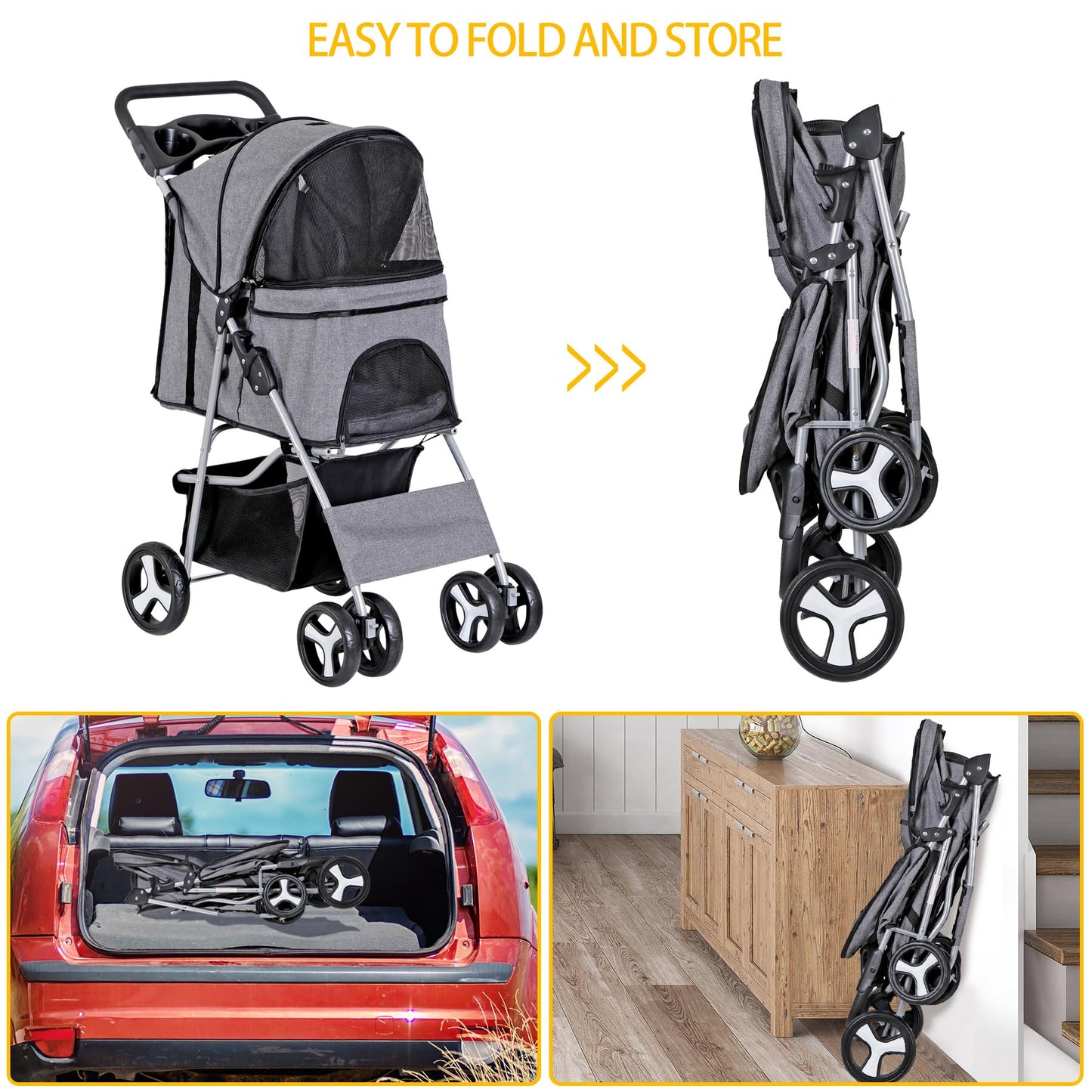 Epetlover 4 Wheels Dog Stroller Folding Pet Strolling Cart for Small Medium Cats Puppies Portable Jogger Travel Camping Puppy Carrier with Storage Basket Cup Holder, Gray