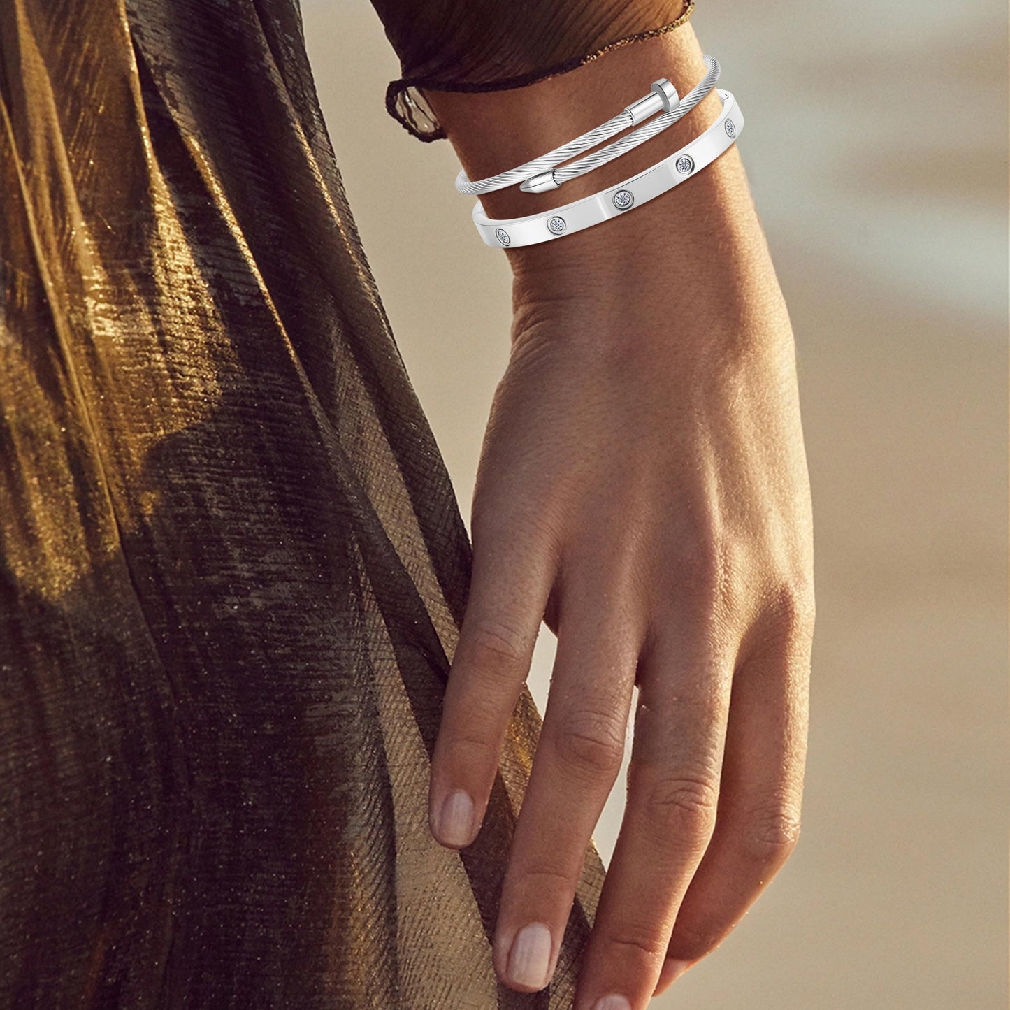 Camhanno Gold Bracelets for Women - Crystal Stackable Bangles with Friendship & Love Theme - Stainless Steel Jewelry, Ideal Birthday Gift (Style 7)